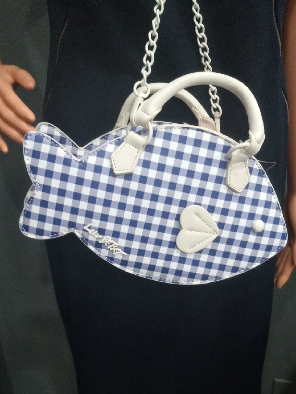 Betsey Johnson Blue Gingham Fish Crossbody Bag with White Trim - Picture 2 of 13